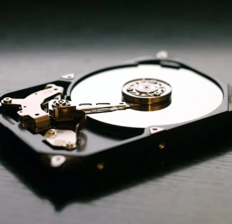 Close-up of an open hard drive used for electronic data recovery and inspection