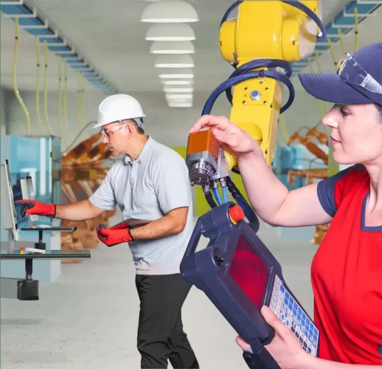 Technicians working with robotic systems and digital interfaces in a government technology facility