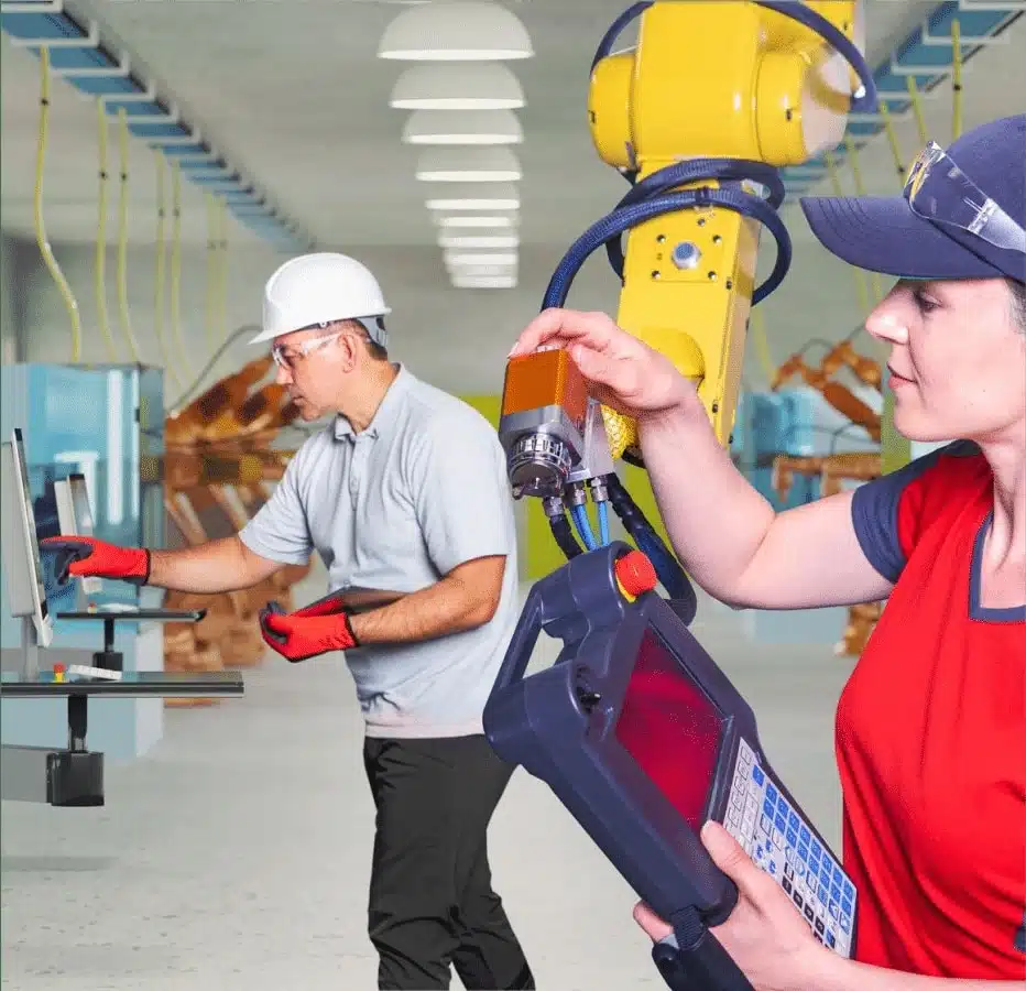 Technicians working with robotic systems and digital interfaces in a government technology facility