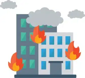 Building fire illustration with smoke rising from windows during a California wildfire