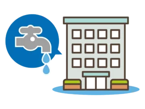 Dental lab building flooded from broken pipe, water damage icon shown
