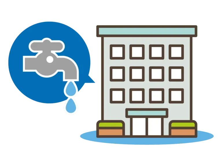 Dental lab building flooded from broken pipe, water damage icon shown